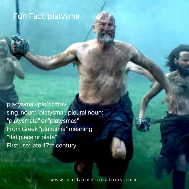 Dougal Mackenzie making a fierce face and on the battlefield used in a fun fact on Outlander Anatomy about platysma.