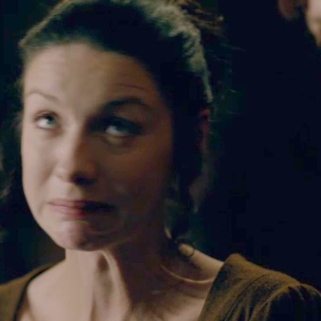 Claire Fraser making a face used in a fun fact on Outlander Anatomy about platysma.